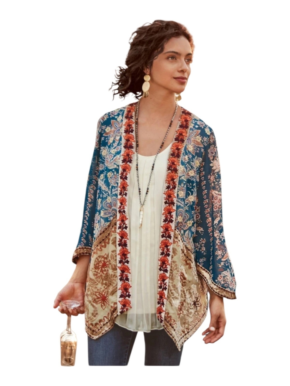 Soft Surroundings Blue & Cream Floral Open-Front Kimono